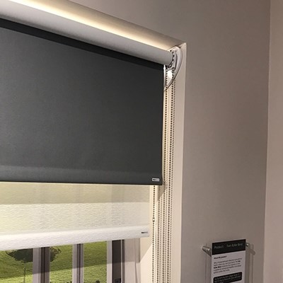 Twin roller blind in window zoom out